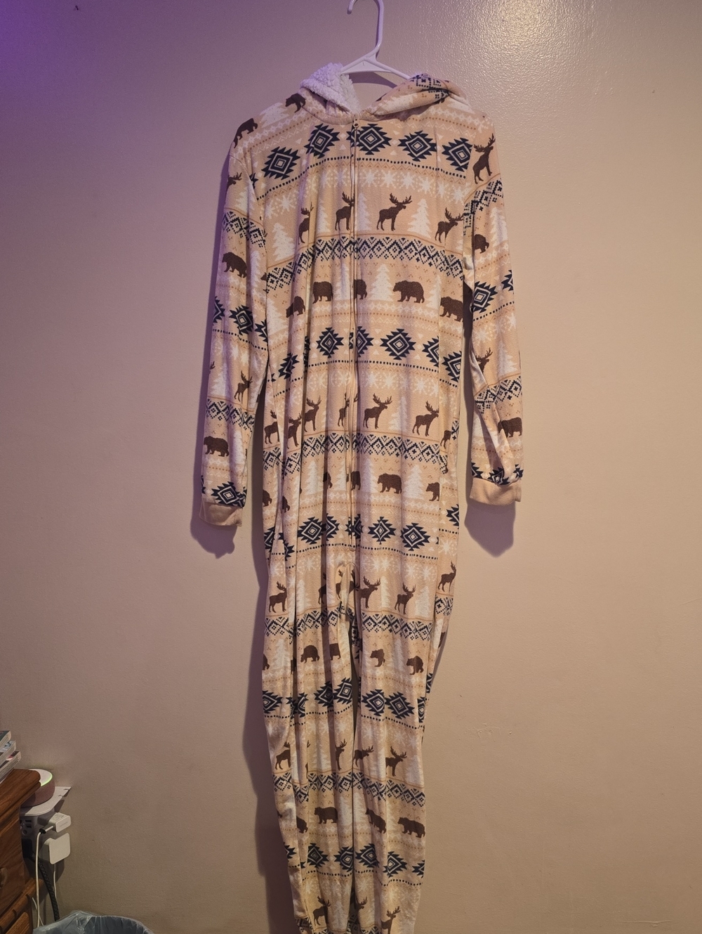 The Children's Place Beige & Brown Animal-Print Hooded Plush Onesie Pajama